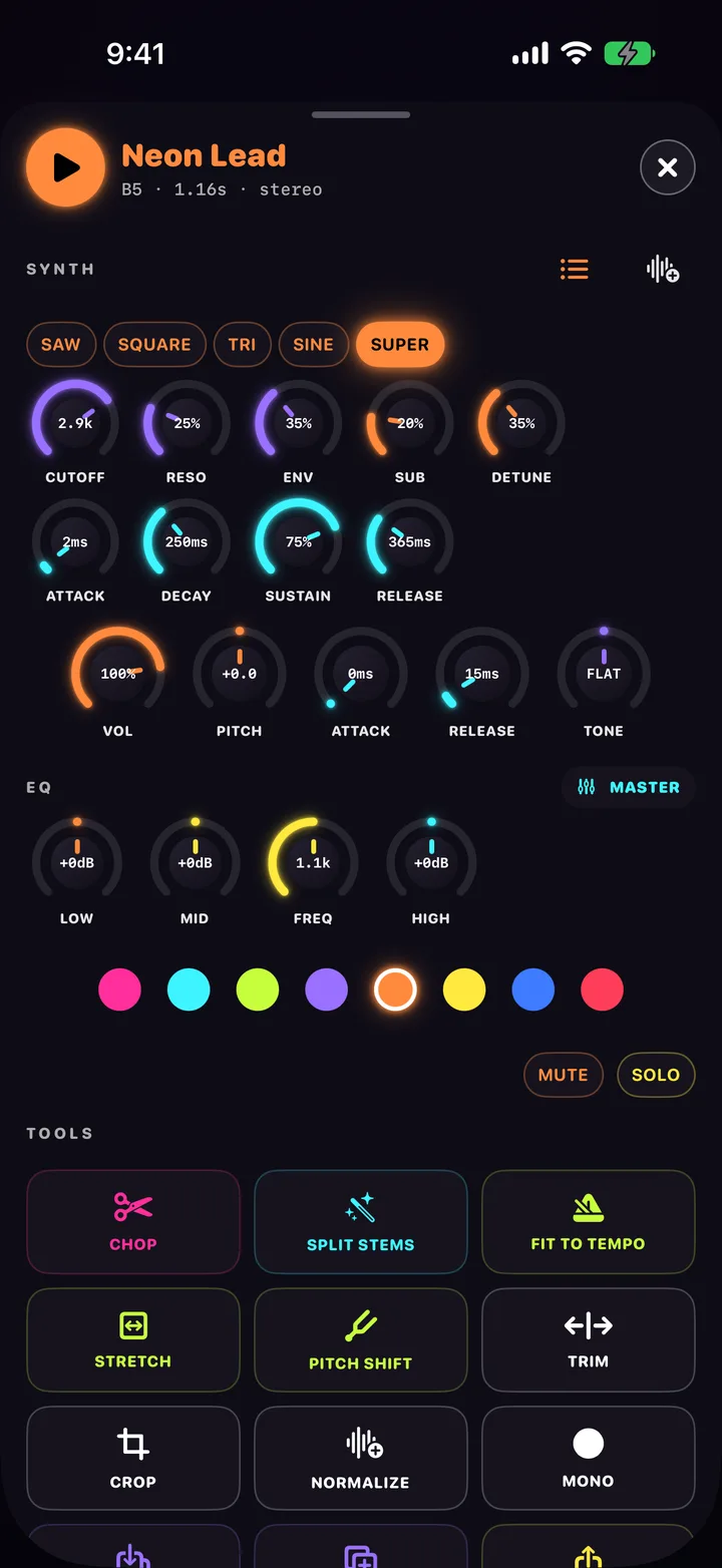 The synth editor with wave, filter and envelope controls